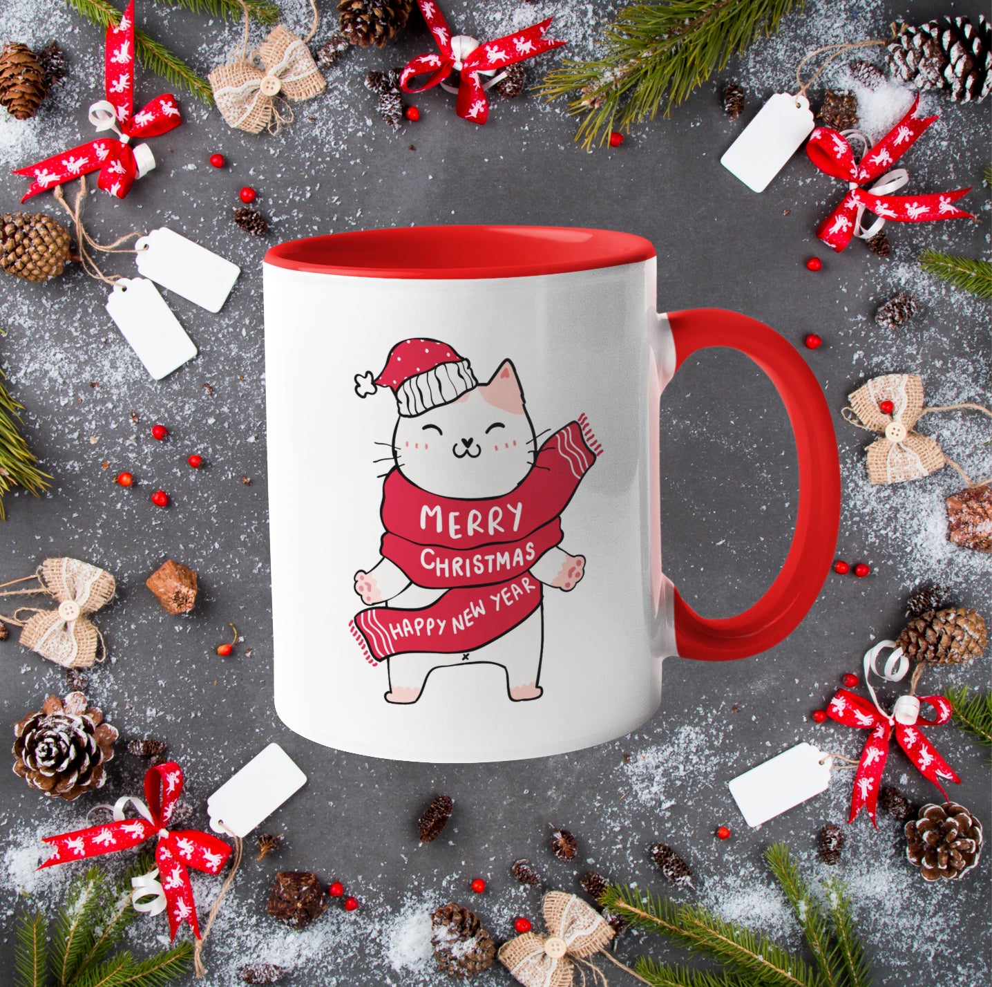Merry Christmas Happy New Year Cat Mug