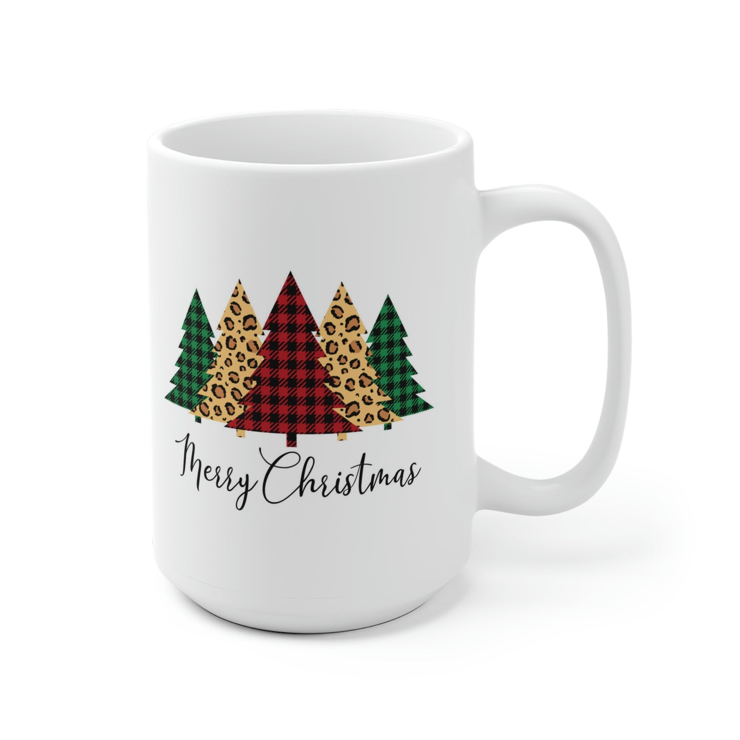 Merry Christmas Leopard Print Plaid Trees Mug