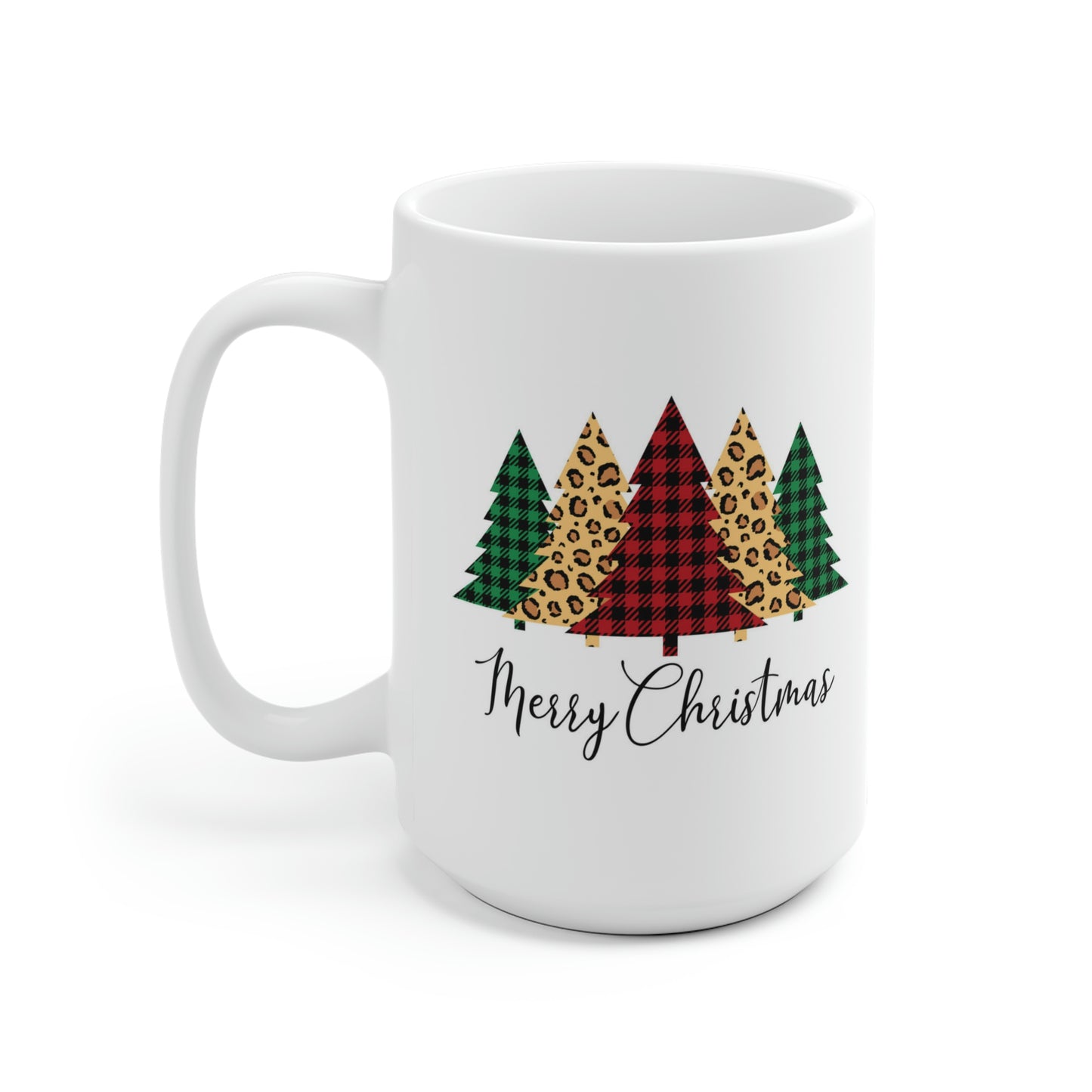 Merry Christmas Leopard Print Plaid Trees Mug