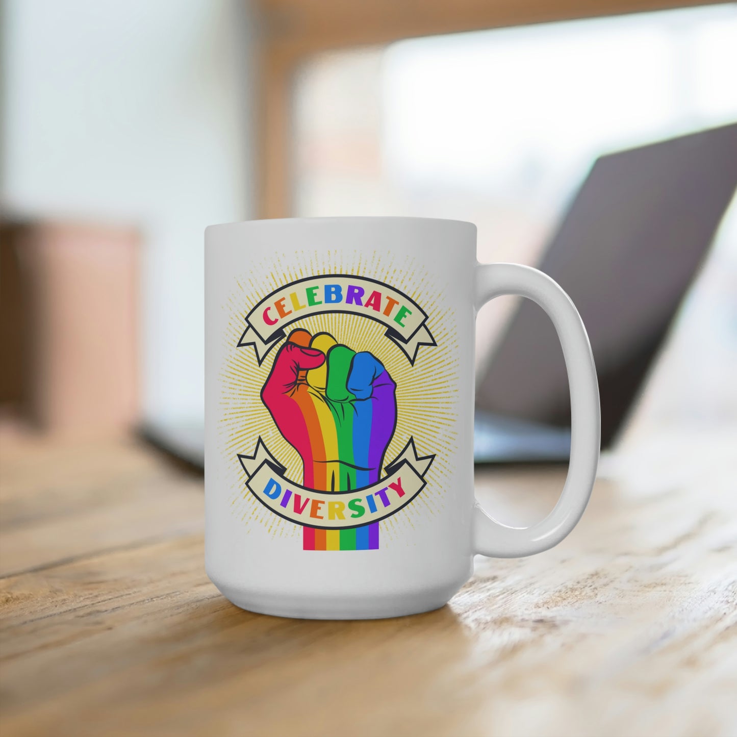 Celebrate Diversity Rainbow Fist Mug