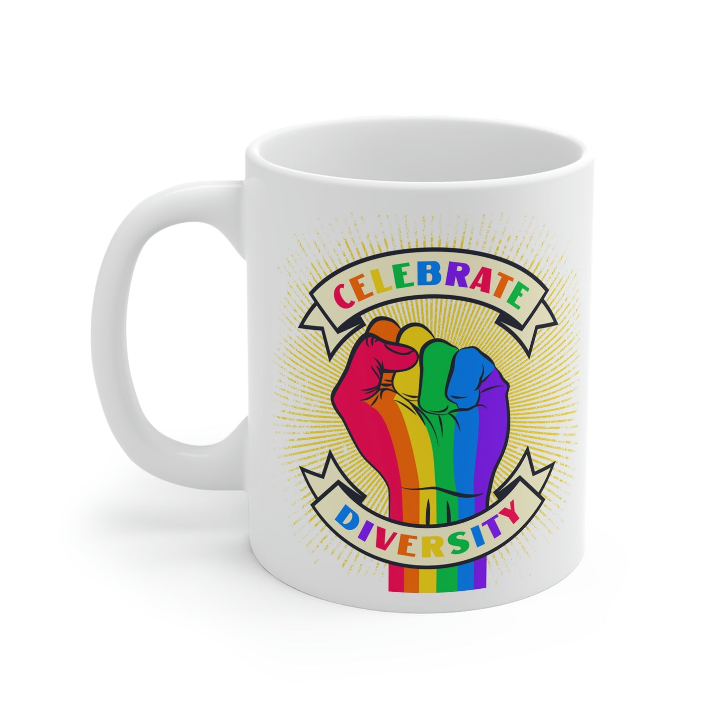 Celebrate Diversity Rainbow Fist Mug
