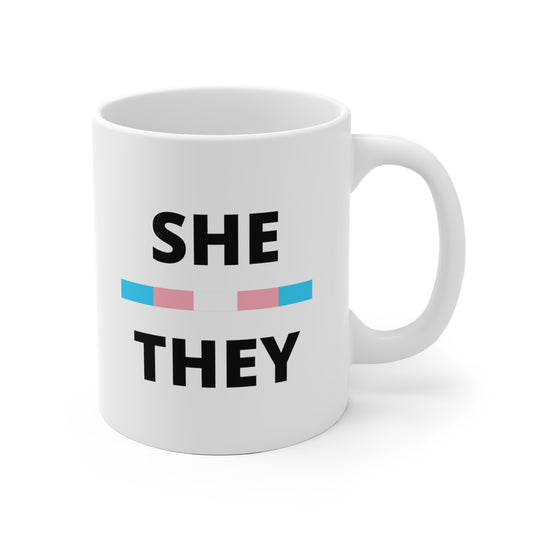 She/They Transgender Flag Pronoun Mug