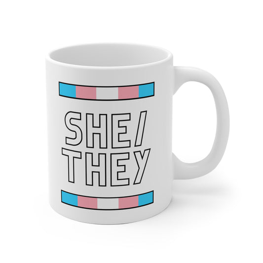 She/They Transgender Flag Pronoun Mug