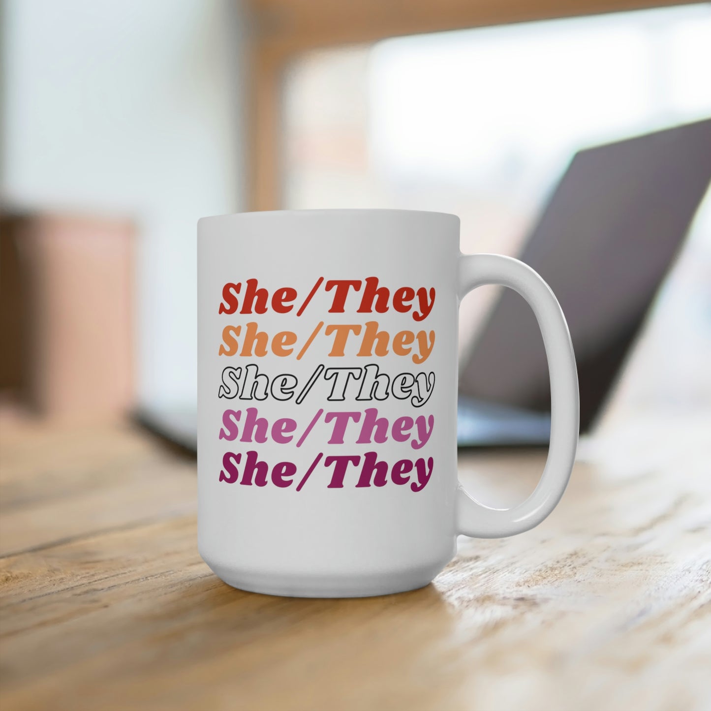 She/They Lesbian Flag Pronoun Mug