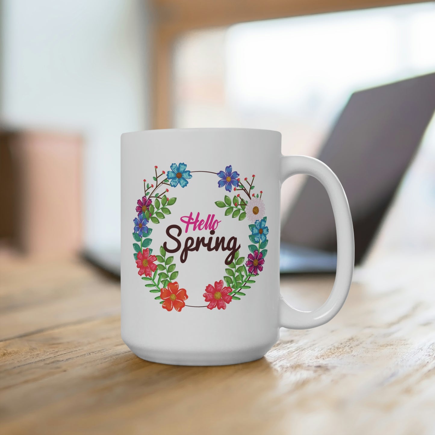 Hello Spring Floral Wreath Mug