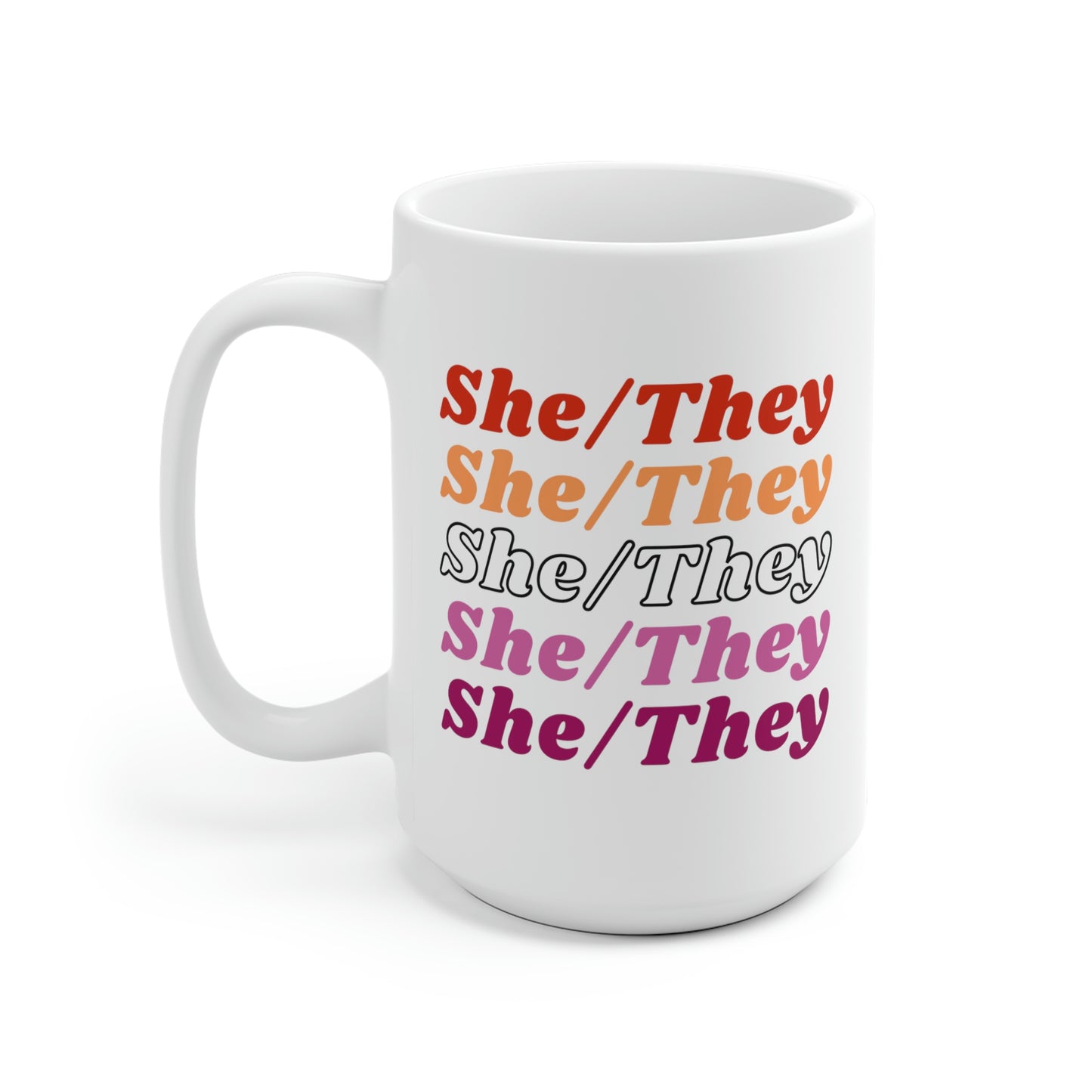 She/They Lesbian Flag Pronoun Mug