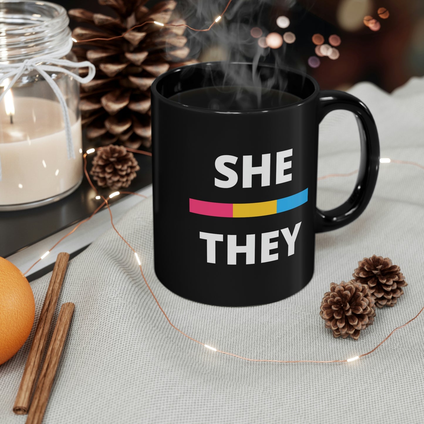 She/They Pansexual Flag Pronoun Mug