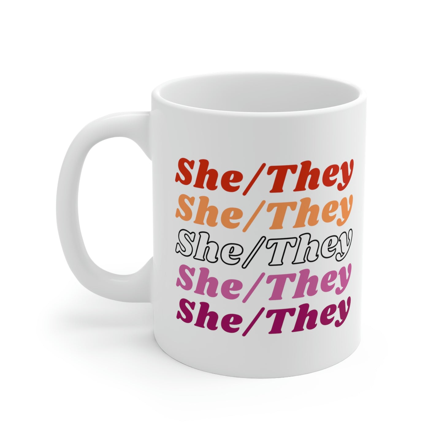 She/They Lesbian Flag Pronoun Mug