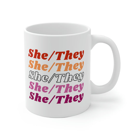 She/They Lesbian Flag Pronoun Mug