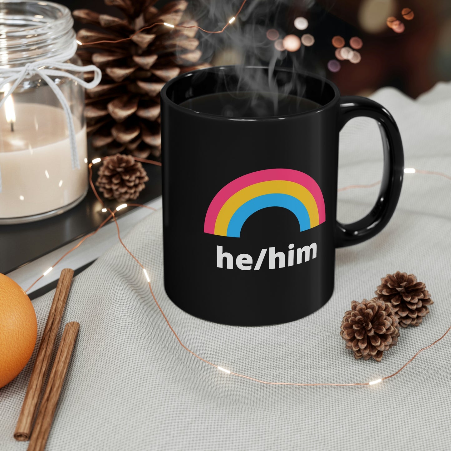 He/Him Pansexual Rainbow Pronoun Mug