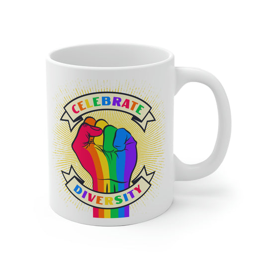 Celebrate Diversity Rainbow Fist Mug
