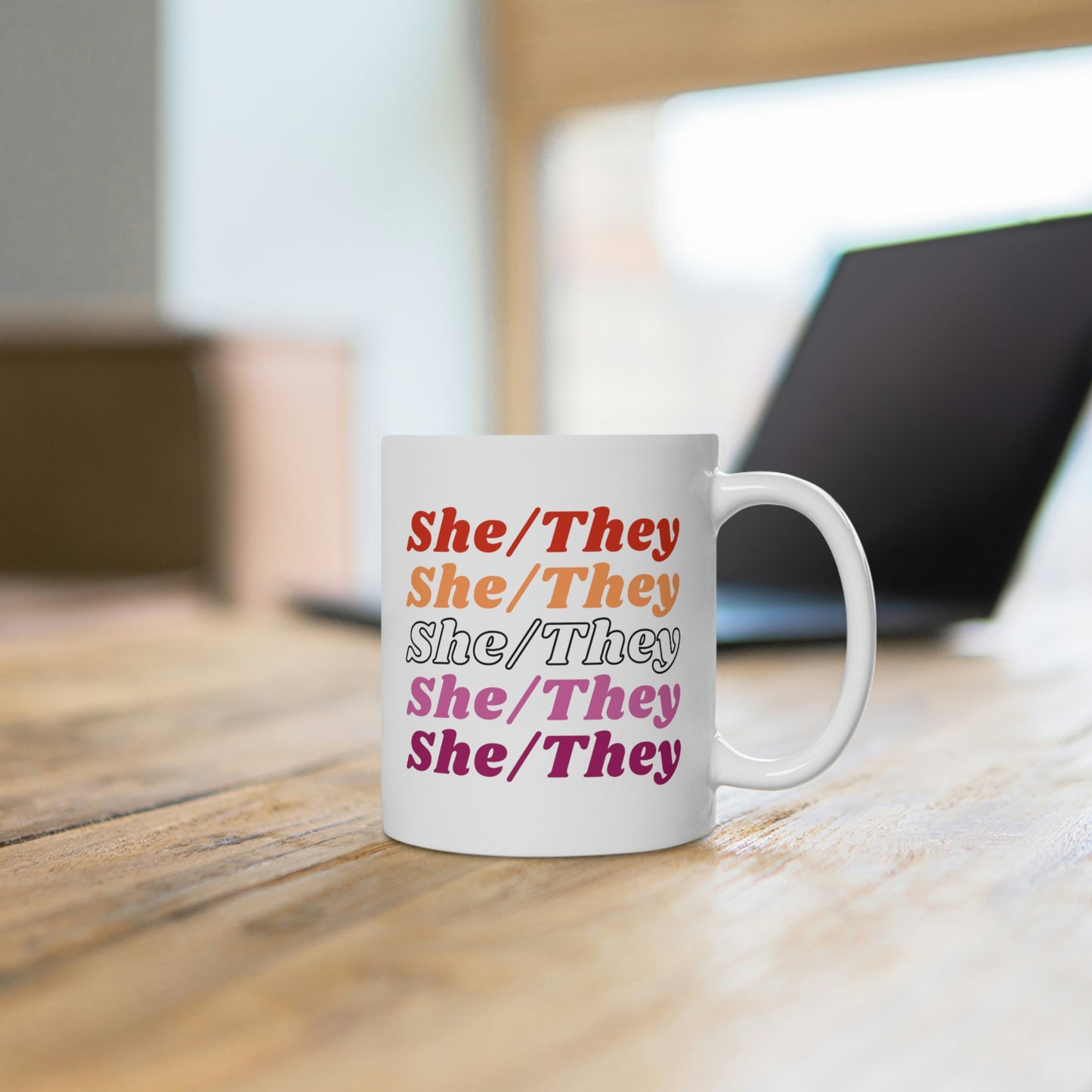 She/They Lesbian Flag Pronoun Mug