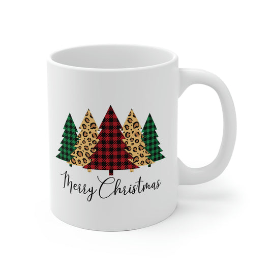 Merry Christmas Leopard Print Plaid Trees Mug