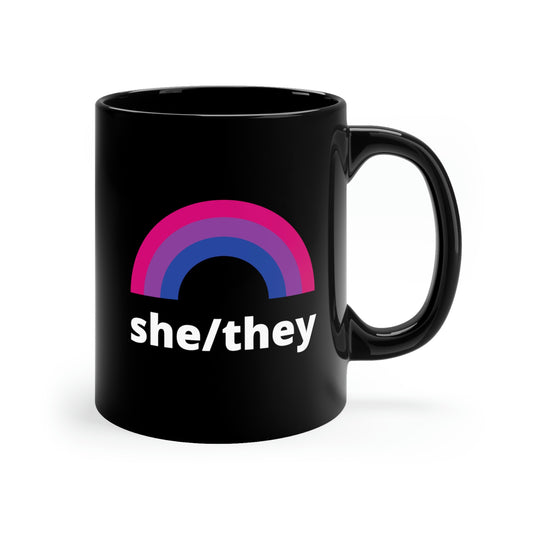 She/They Bisexual Rainbow Pronoun Mug